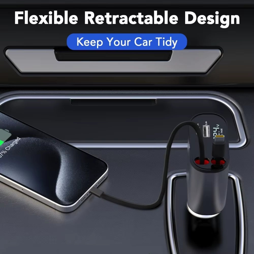 VoltRush™ 4-in-1 Retractable Car Charger – Fast Power, Zero Clutter