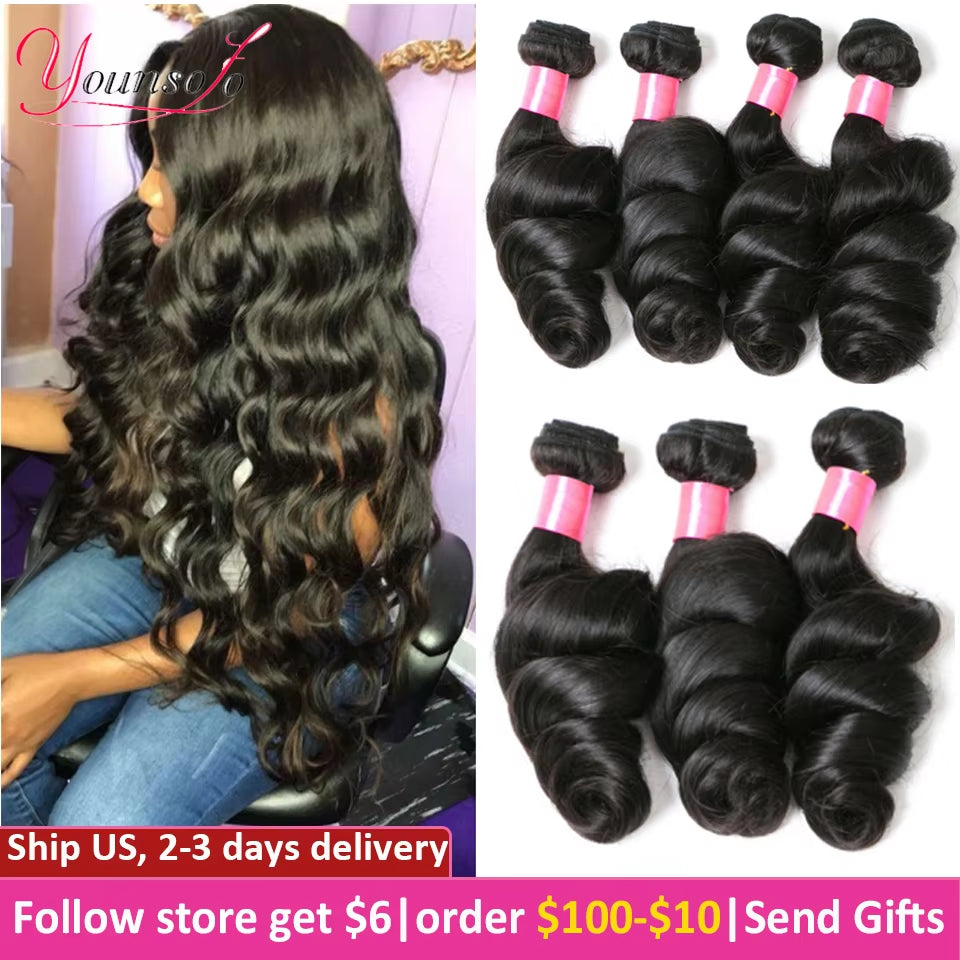 Younsolo Loose Wave Bundles Brazilian Human Hair Loose Weave Bundles 1/3/4/Pcs Lot Natural Color Human Hair Extensions for Women