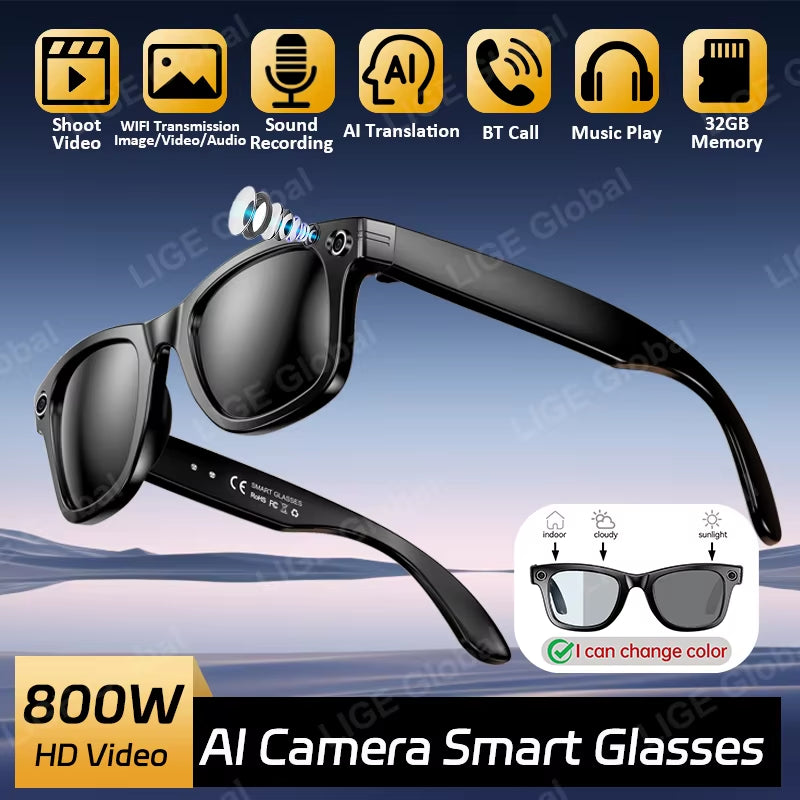 AI Smart Glasses 8MP HD Camera Video Bluetooth Call Intelnt Translation 270Mah Battery Voice Assistant Music Sunglasses
