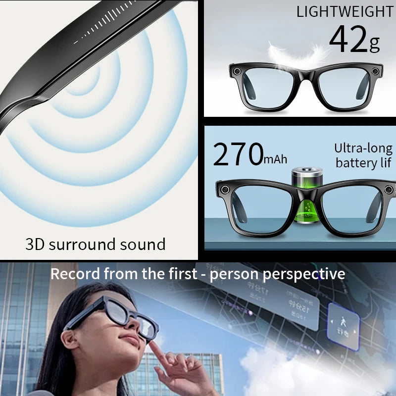 AI Smart Glasses 8MP HD Camera Video Bluetooth Call Intelnt Translation 270Mah Battery Voice Assistant Music Sunglasses
