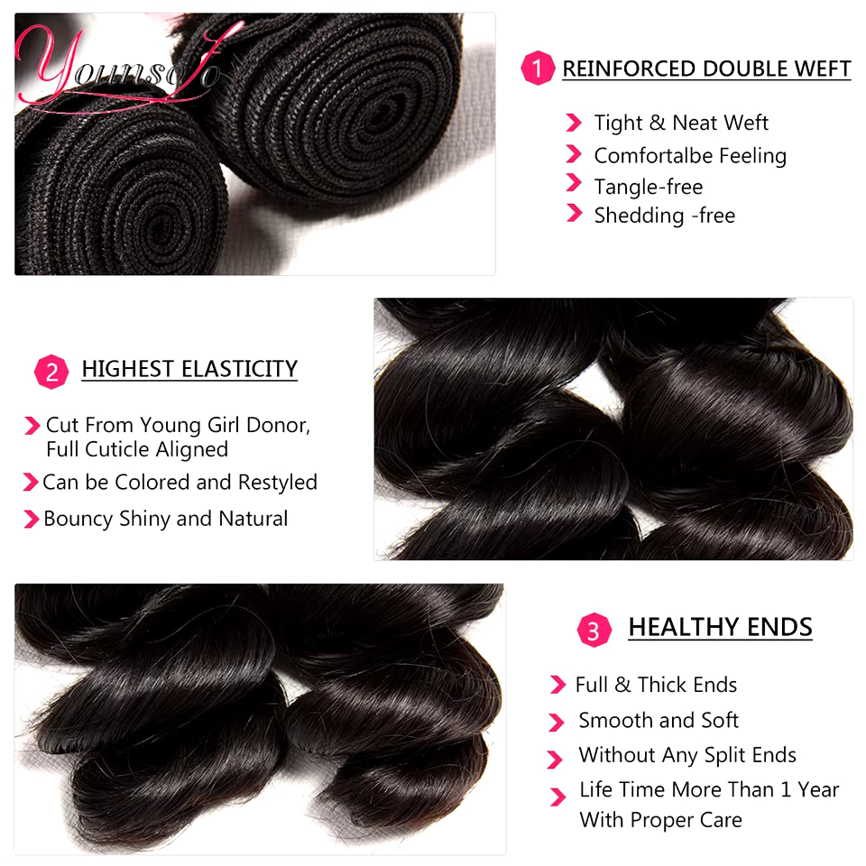 Younsolo Loose Wave Bundles Brazilian Human Hair Loose Weave Bundles 1/3/4/Pcs Lot Natural Color Human Hair Extensions for Women